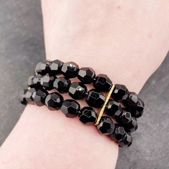 VINTAGE Black plastic beaded memory wire triple layer cuff bracelet 1950s 1960s - Picture 1 of 8